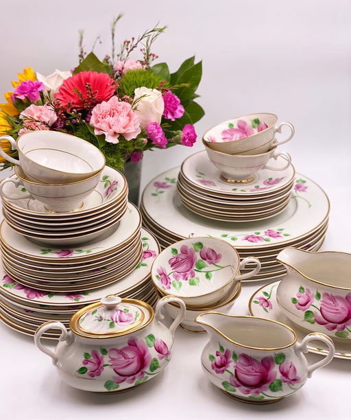 Vintage Kirk China in 'Hand-Painted' Pink Roses - 52 Piece Set (Serves 8) image 0