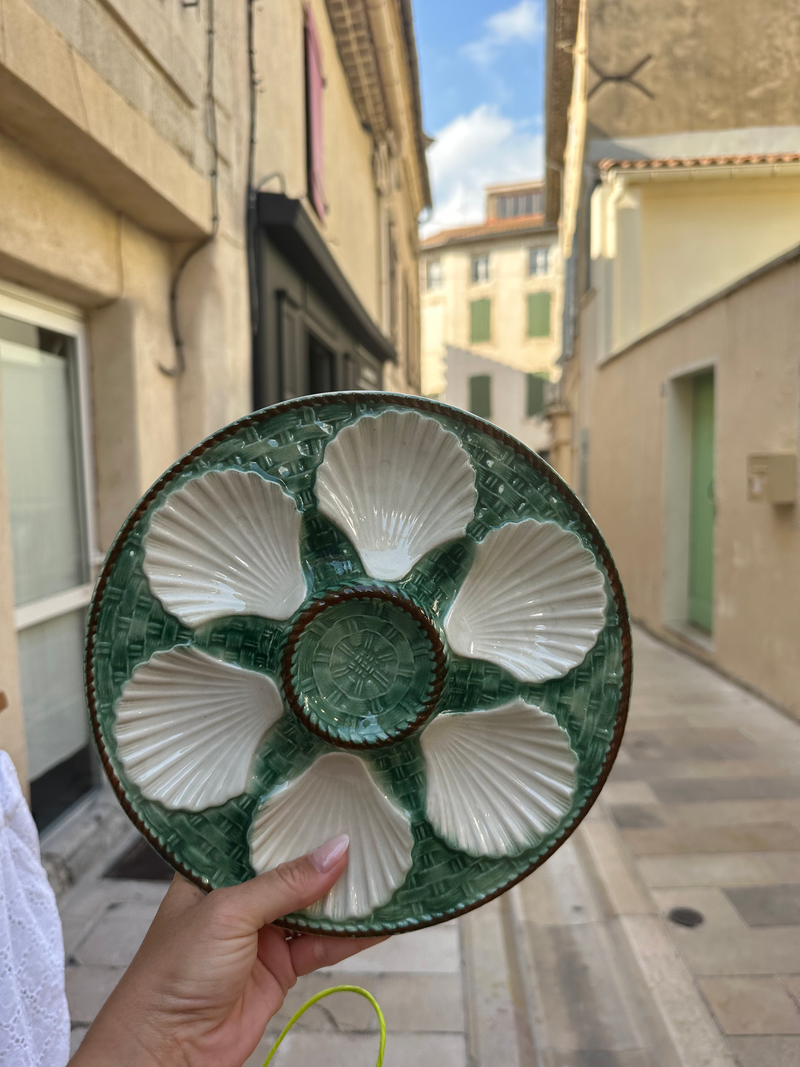 Vintage French Majolica Oyster Plate in 'Green & White' image 1