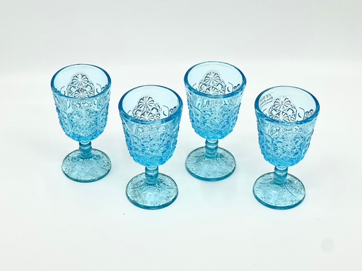 Set of (4) Vintage 'Daisy & Button Thumbprint Panel' Light Blue Wine Glasses image 1