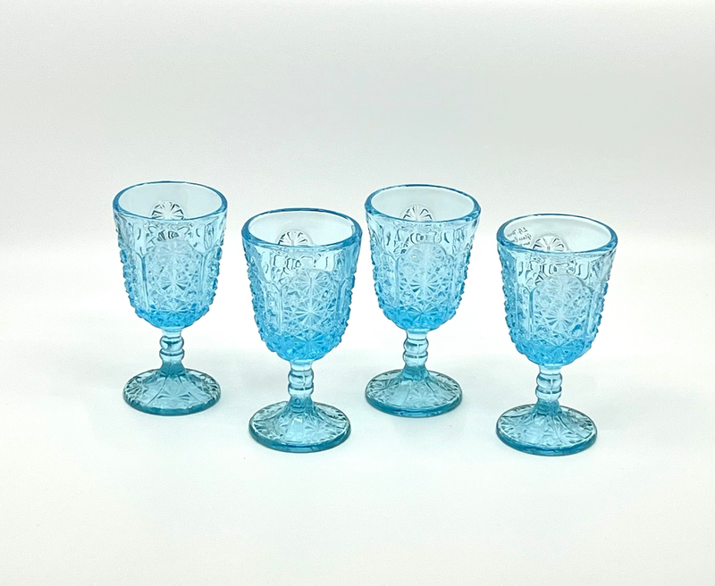 Set of (4) Vintage 'Daisy & Button Thumbprint Panel' Light Blue Wine Glasses image 2