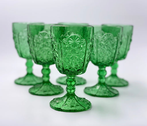 Vintage 'Daisy & Button Thumbprint Panel' Green Goblet image 0