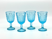 Set of (4) Vintage 'Daisy & Button Thumbprint Panel' Light Blue Wine Glasses image 0