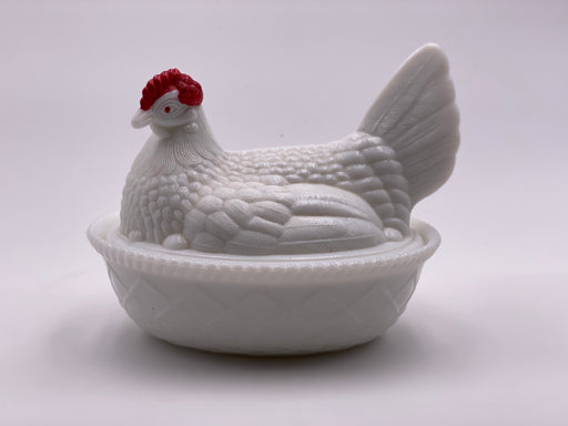 Vintage 'Hen on Nest' in Decorated Milk Glass image 0