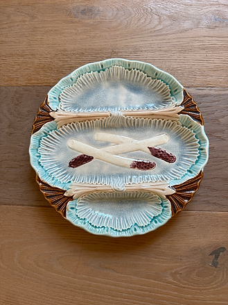 Vintage French Majolica Asparagus Plate in 'Blue, Brown & Cream'