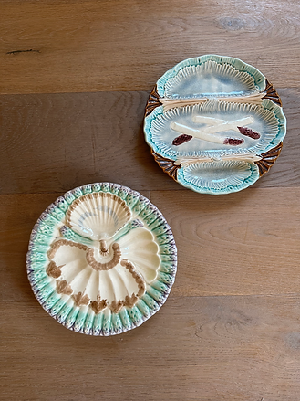 Vintage French Majolica Asparagus Plate in 'Blue, Brown & Cream'