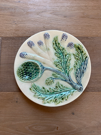 Vintage French Majolica Asparagus & Artichoke Plate in 'Blue, Green & Ivory'
