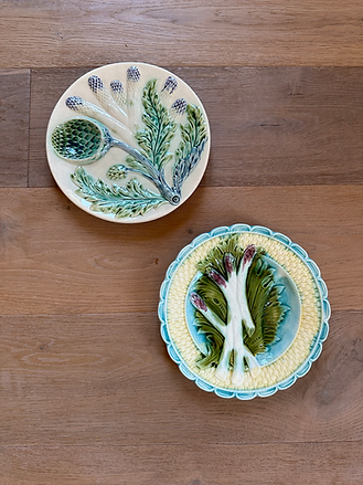 Vintage French Majolica Asparagus & Artichoke Plate in 'Blue, Green & Ivory'