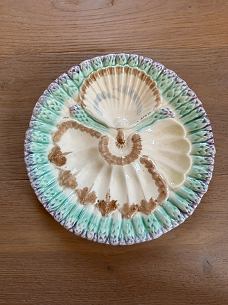 Vintage French Majolica Asparagus & Oyster Plate in 'Green, Brown & Ivory'
