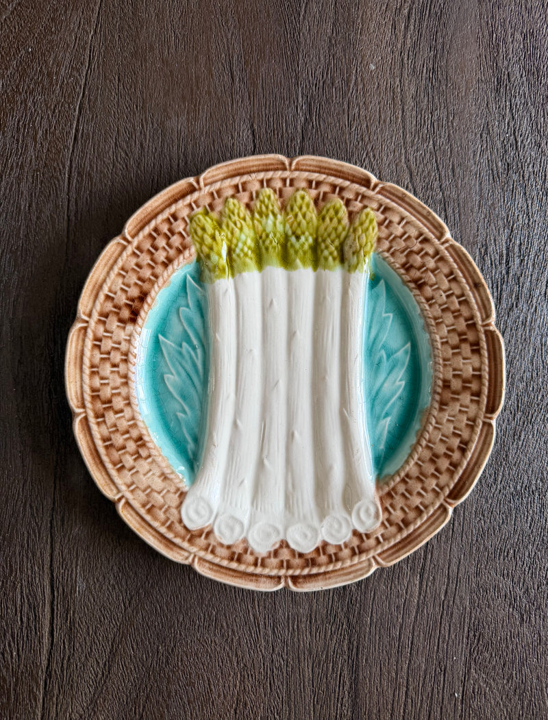 Vintage French Majolica Asparagus Serving Plate with 'Basketweave'